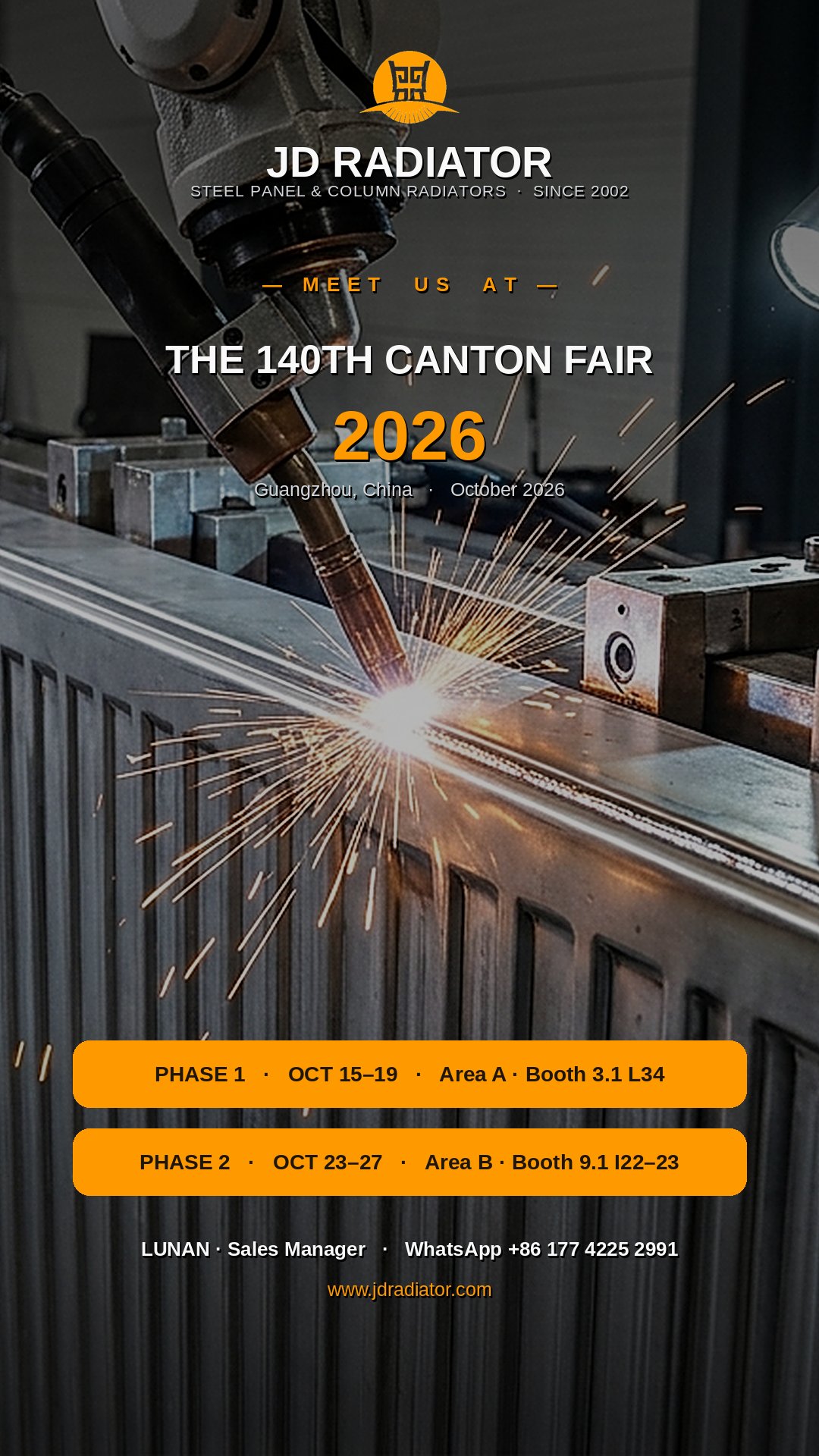 Cartel oficial — JD Radiator en la 140.ª Feria de Cantón, Guangzhou, octubre de 2026